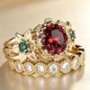 Luxury New Luxury Flower Ring, Gold-plated with Red Gemstones, European Beautiful Women's Hand Jewelry
