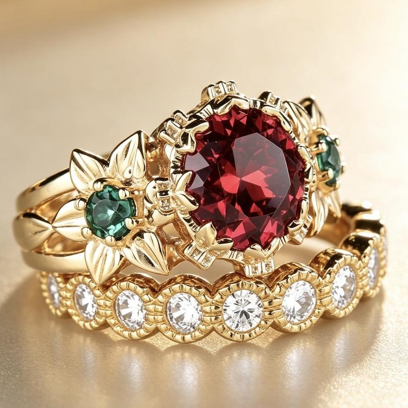 Luxury New Luxury Flower Ring, Gold-plated with Red Gemstones, European Beautiful Women's Hand Jewelry