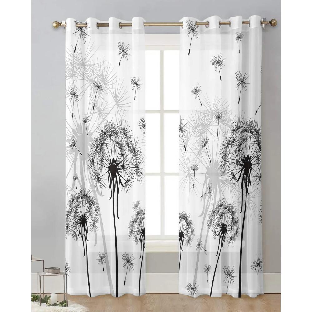 Black And White Dandelion Plant Sheer Curtains for Living Room Decoration Window Curtain Kitchen Tulle Voile Organza Drapes