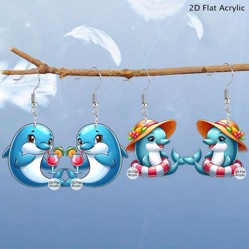 Vocation Coastal Dolphin Acrylic Earrings for Women, Tropical Beach Theme Drop Earrings, Design for Daily and Party Wear