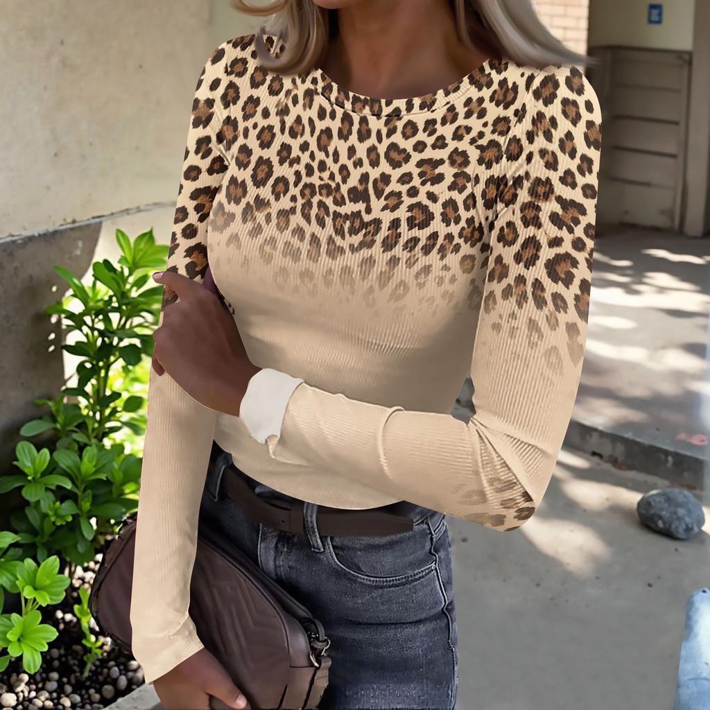 Women's Slim Fit Leopard Print Long Sleeve Round Neck Pullover T-Shirt