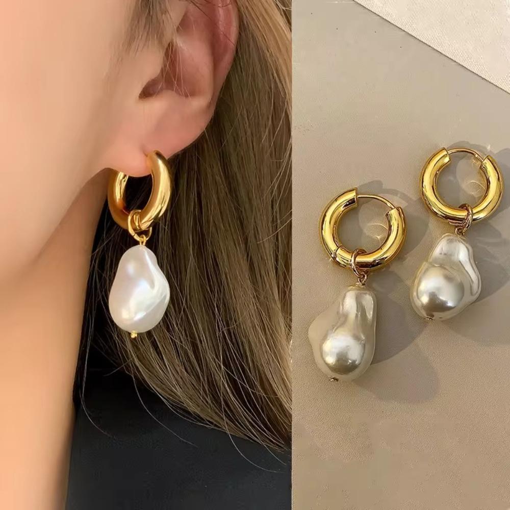 Vintage Drop Earrings Elegant Round Earclip High Quality Baroque Pearl Earrings  for Women