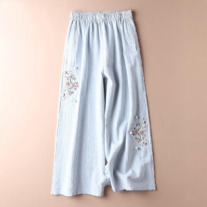 Women's Summer Thin Retro Ethnic Style Cotton and Linen Casual Pants Embroidered Comfortable Wide-legged Pants Nine Pants