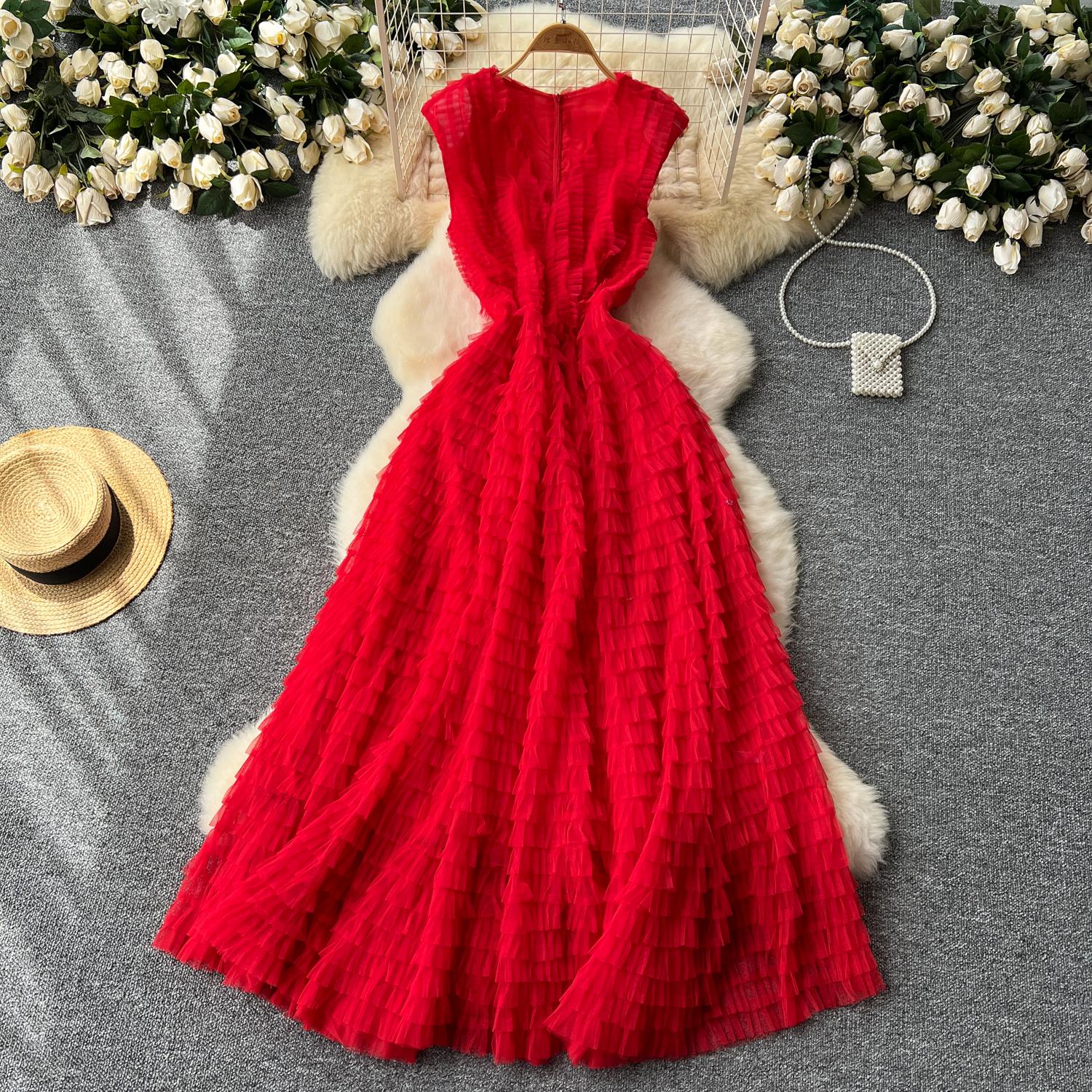 

Винтажное V-образное вырезное без рукавов плиссированное сетчатое элегантное платье-комбинация А-силуэта с высокой талией для отпуска, летние женские платья Vestidos One Size красный