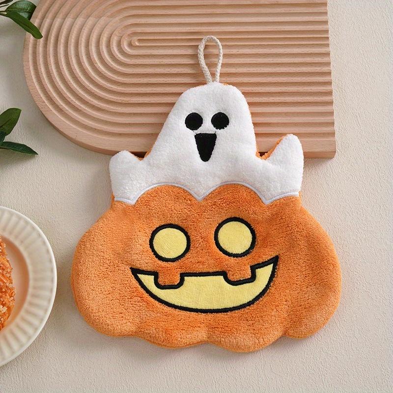 Halloween Pumpkin Coral Fleece Hand Towel - Cute Pumpkin Design, Polyester, Perfect for Kitchen, Bathroom, and Party Decorations