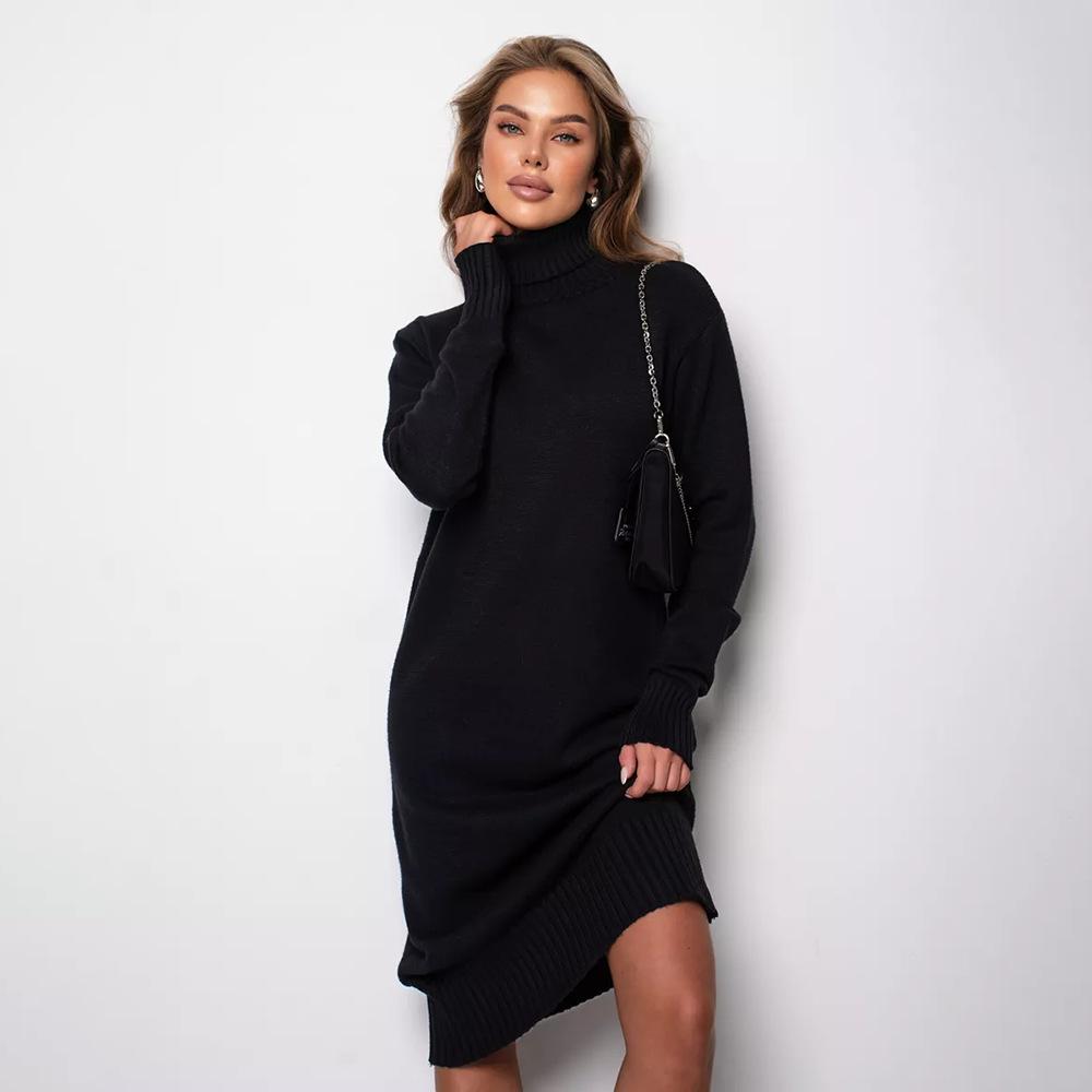 Abito Maglione Midi da Donna a Collo Alto Largo a Manica Lunga in Maglia Tinta Unita