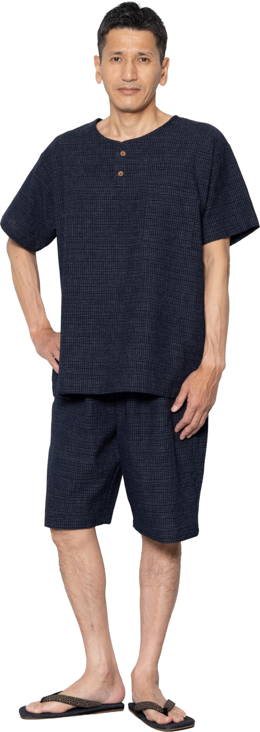 Watano Sato Made in Japan Kurume Chijimi Weave Homewear Literary Figure (Cotton Village) - - - Jinbei/Samue (LL, Pattern, Navy)
