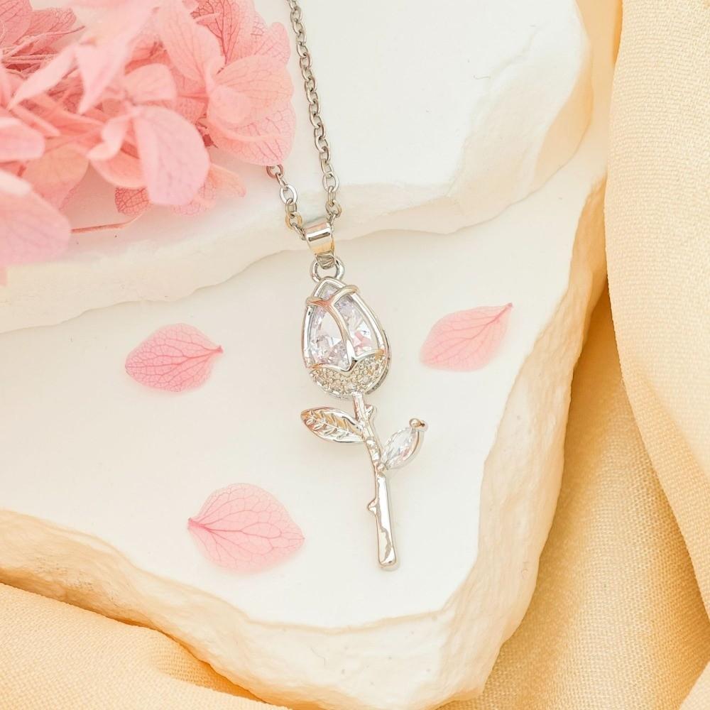 Elegant Tulip Flower Pendant Necklace Layered Stainless Steel Choker Zircon Pendant For Women Style J