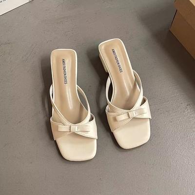 Elegant Fashion Square Head Thin Heel Cool Slippers Women's 2025 Spring and Summer Word with Bow Temperament Versatile Cool Half Drag Tide