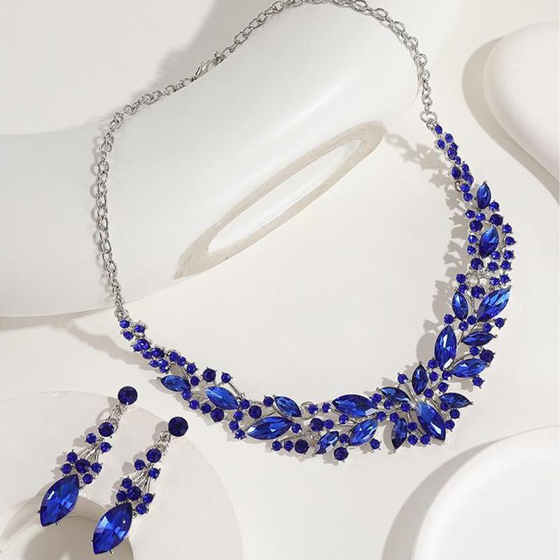 Crystal Necklace Earrings Jewelry Bridal Wedding Dress Accessories сапфировый