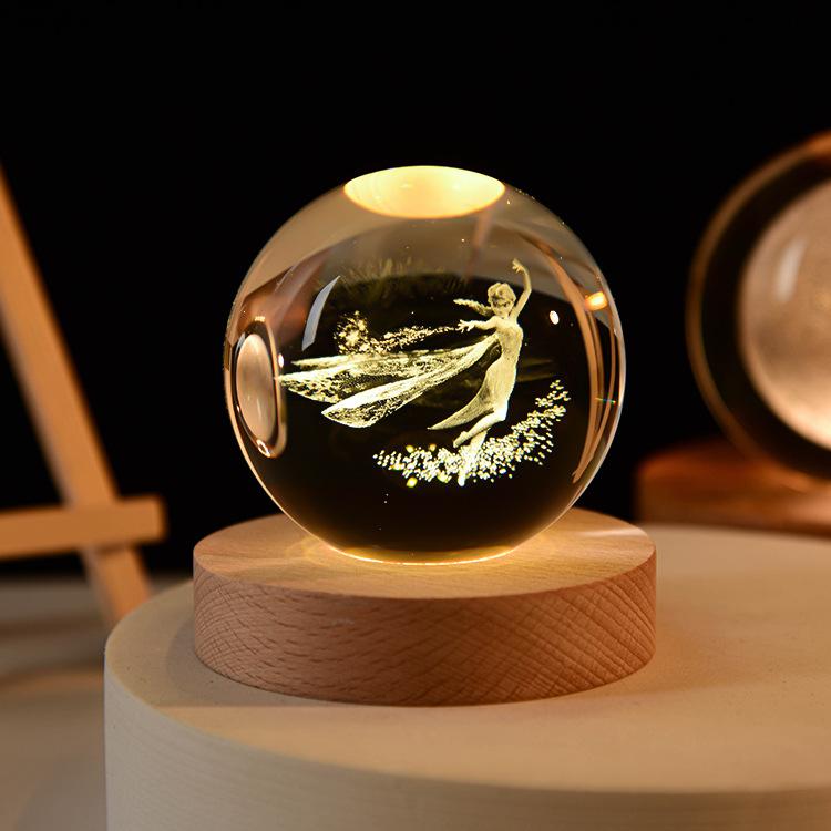 3D Art Nebula Laser Carving Solar System Moon Planet Nights Lamp LED Glowing Crystal Glass Globe Ball Wood Base Night Light