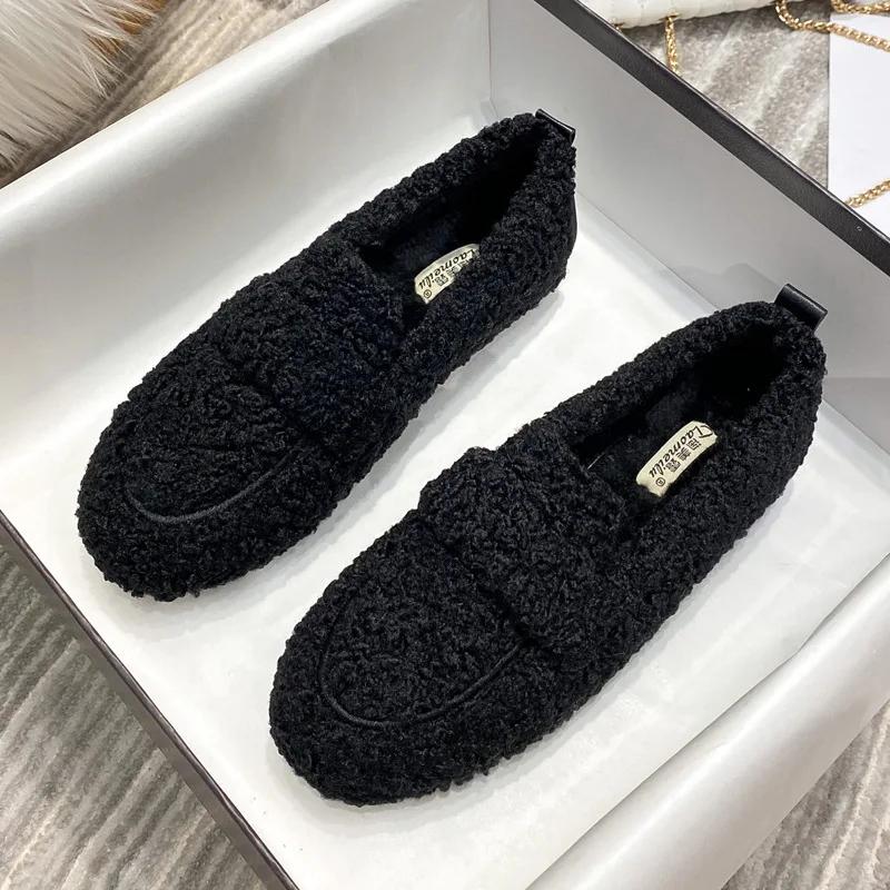 

Winter Women Boots Warm Flocky Plush Boat Shoes Girl Slip-on Loafers 43 чорний