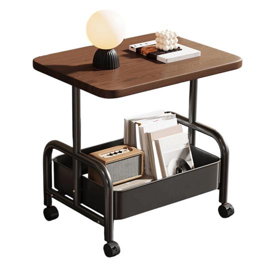 Rolling Double Layer Side Table with Storage Shelf Living Room Bedroom Sofa Couch Bedside Coffee Tea Table Desk Cart with Lockable Wheels