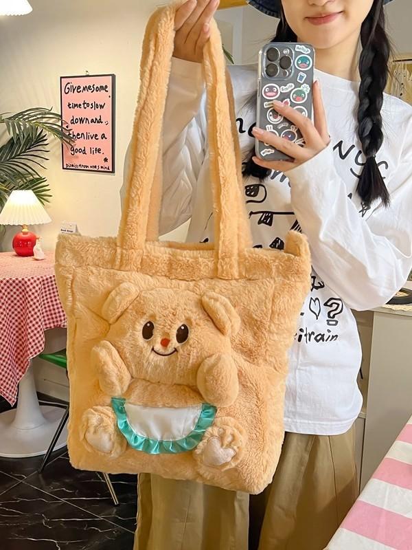 Butter Bear Plush Tote Bag With Zipper Closure For Daily Use