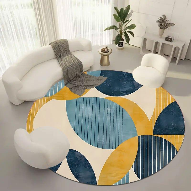 Geometric Color Block Pattern Flannel-printed Round Floor Mats Are Slip-resistant Suitable Living Room Terrace Garden Carpets