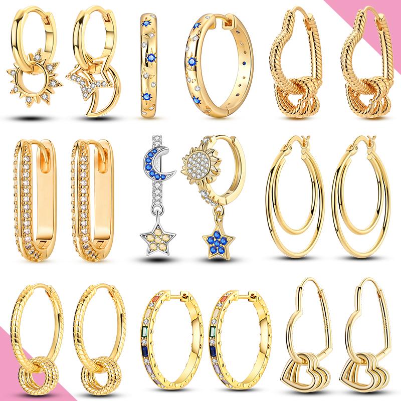 Original 925 Silber Creolen Gold Ohrringe Für Frau Herz Stern Mond Zirkonia Pendientes Modeschmuck