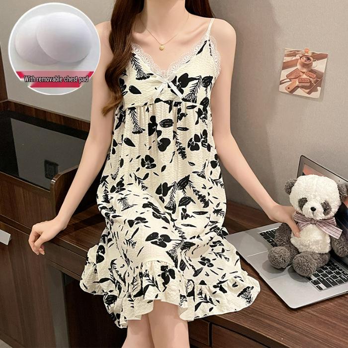 Summer V-Neck Nightdress with Chest Pads - Sexy Bubble Cotton Spaghetti Strap Style: Loose Fit Homewear for Women