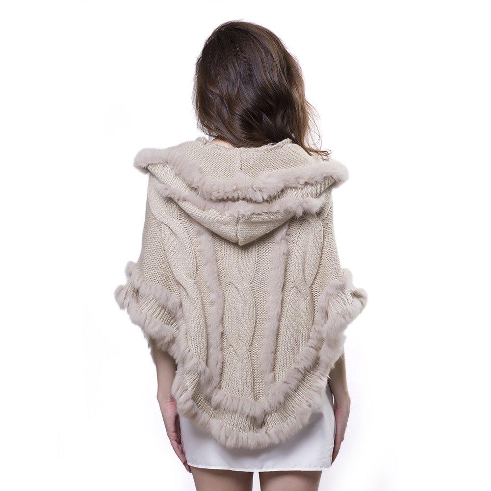 ANMIDA Knit Fur Cashmere Hooded Cape Shawl Elegant Coat Women's Poncho, Poncho, Coat, Fall/Winter