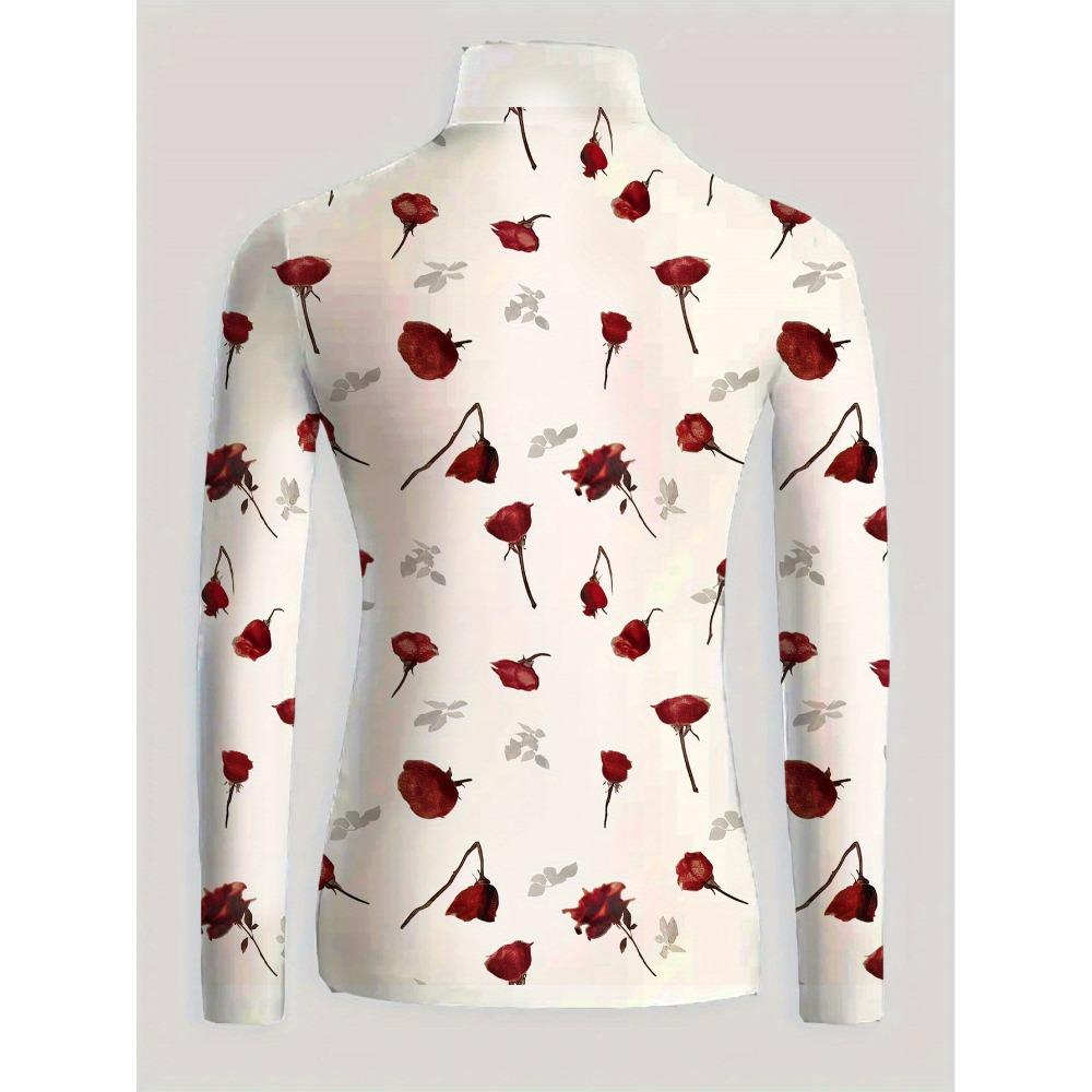 Women's Long Sleeve T-Sleeve Floral Print Turtleneck Bottom Shirt Spring and Autumn Casual Interior Top