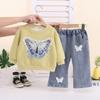 Girls Spring Autumn Tassel Bow Sweatshirt And Jeans Set Stylish Casual Sports Outfit Two Piece Suit
