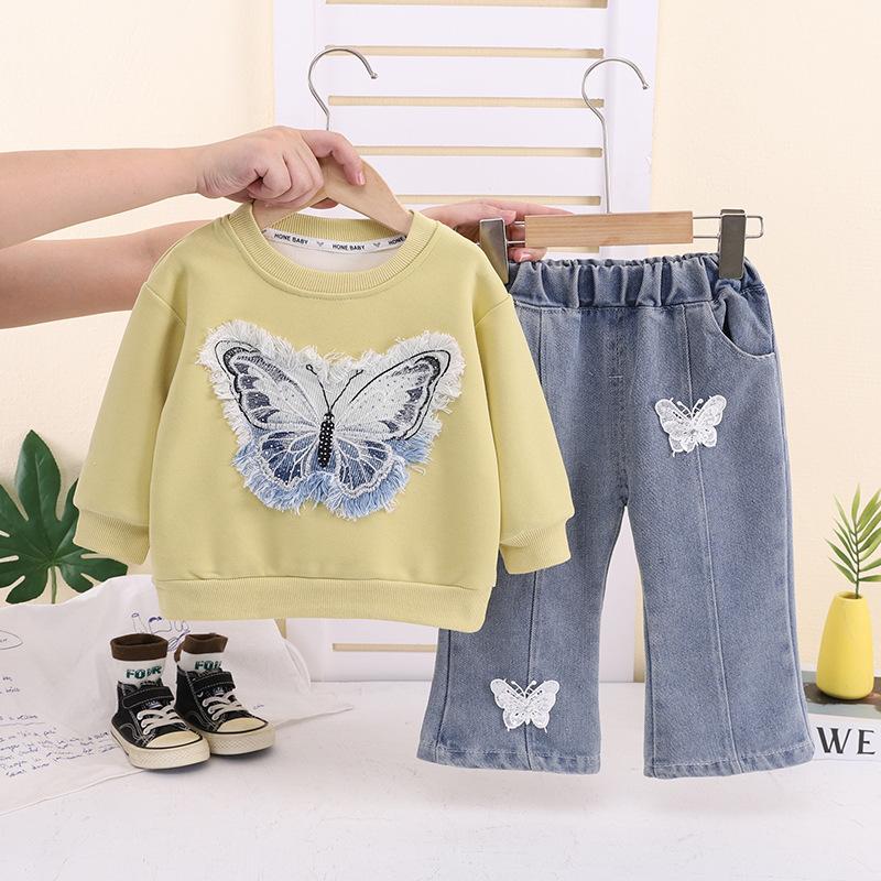 Girls Spring Autumn Tassel Bow Sweatshirt And Jeans Set Stylish Casual Sports Outfit Two Piece Suit