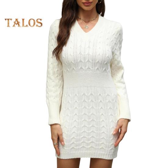 Podzim Zima Dámské šaty Pletené Silný výstřih do V Slim Fit Dlouhé rukávy Délka nad kolena Zkroucená Textura Čistá barva Pouzdro Kancelářské Párty Mini šaty