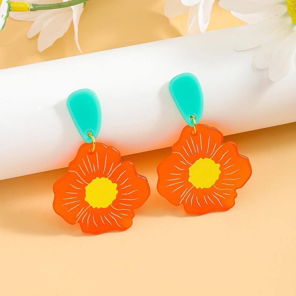 Cartoon cute flower plate earrings women's personality trend color matching acrylic earrings casual daily