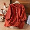 Summer New Literary Retro Solid Color Cotton Linen Top Loose Versatile Ethnic Style Round Neck Shirt