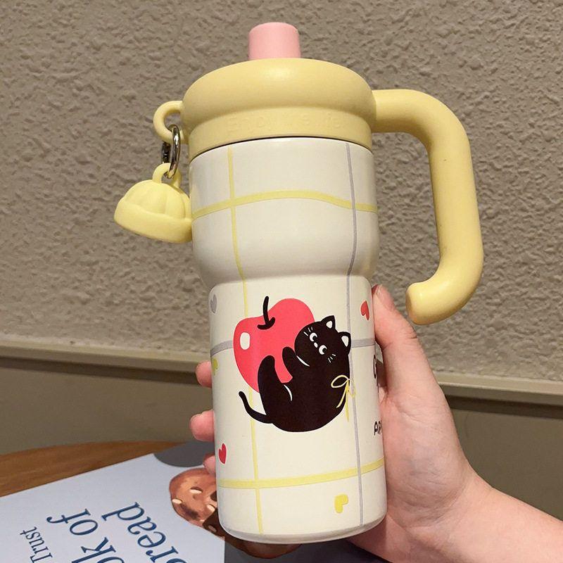 

High-Appearance Cartoon Cat Ice Cup, Cute Girls Cold-Keeping Straw Cup, Outdoor Portable Large-Capacity Thermos Cup Yellow 600ml [Tea Bin + Straw + Pendant] 600ml