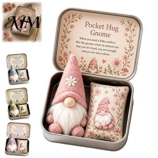 Cute Dwarf Ornament 2 Pcs Pocket Hug Gnome Comfort Gift Tin Box, Mini Plush Doll Emotional Support Birthday Presents for Her Keepsake, Handmade