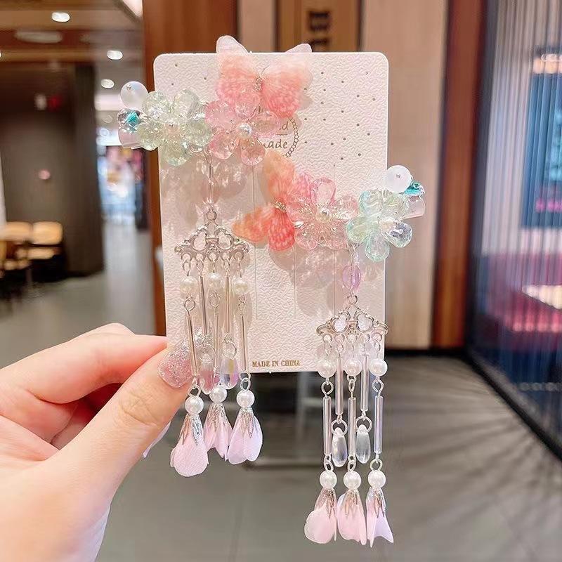 Chinese Style Flower Hair Clips Elegant Exquisite Butterfly Petal Tassel Hairpin For Girls Hanfu Jewelry Hair Accessories 1 Pair