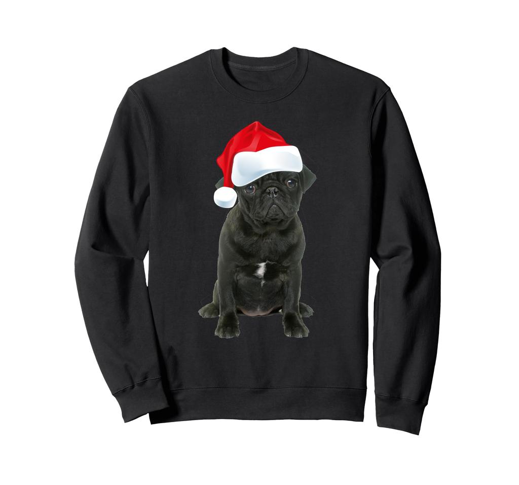 Roztomilý černý mops v čepici Santa Vánoční pes s odpovídající vtipnou fotografií Mikina