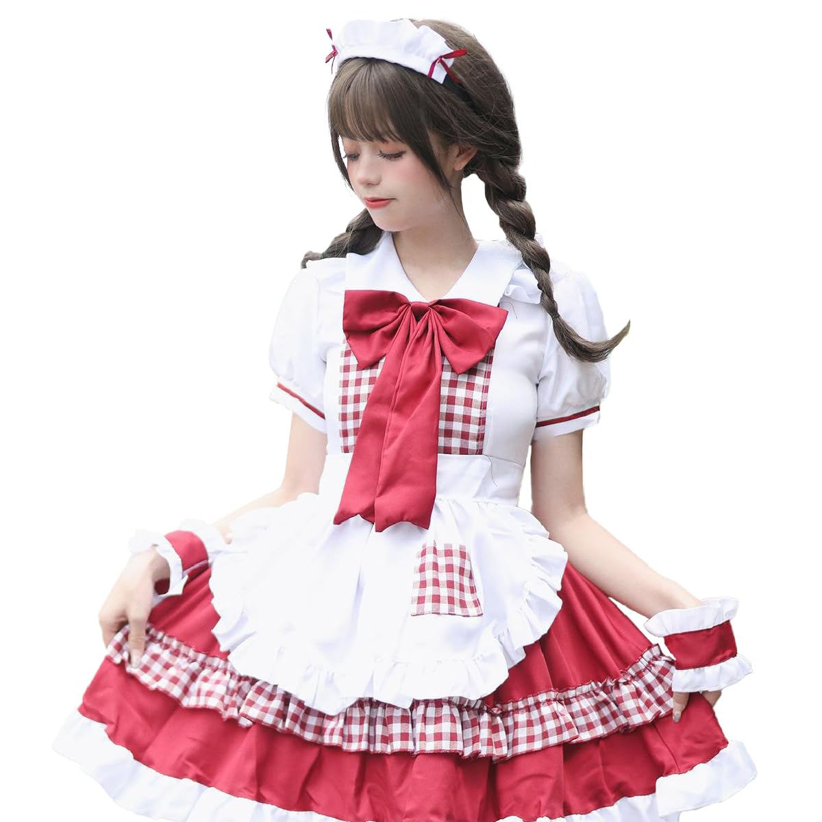 

Maid short luxurious Lolita for lolita outfit, red, sleeves, 6-piece set, cosplay, cute, adults, one-piece, maid, (L)