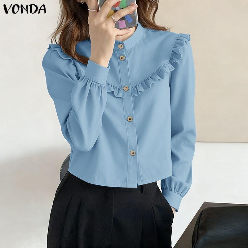 VONDA Elegant Women Long Sleeve Ruffled Plaid Blouse Shirts
