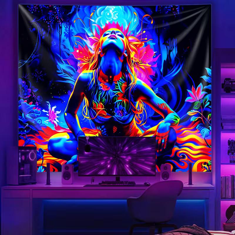 2D Spiritual Blacklight Tapestry, Fluorescent Meditation Woman Backdrop