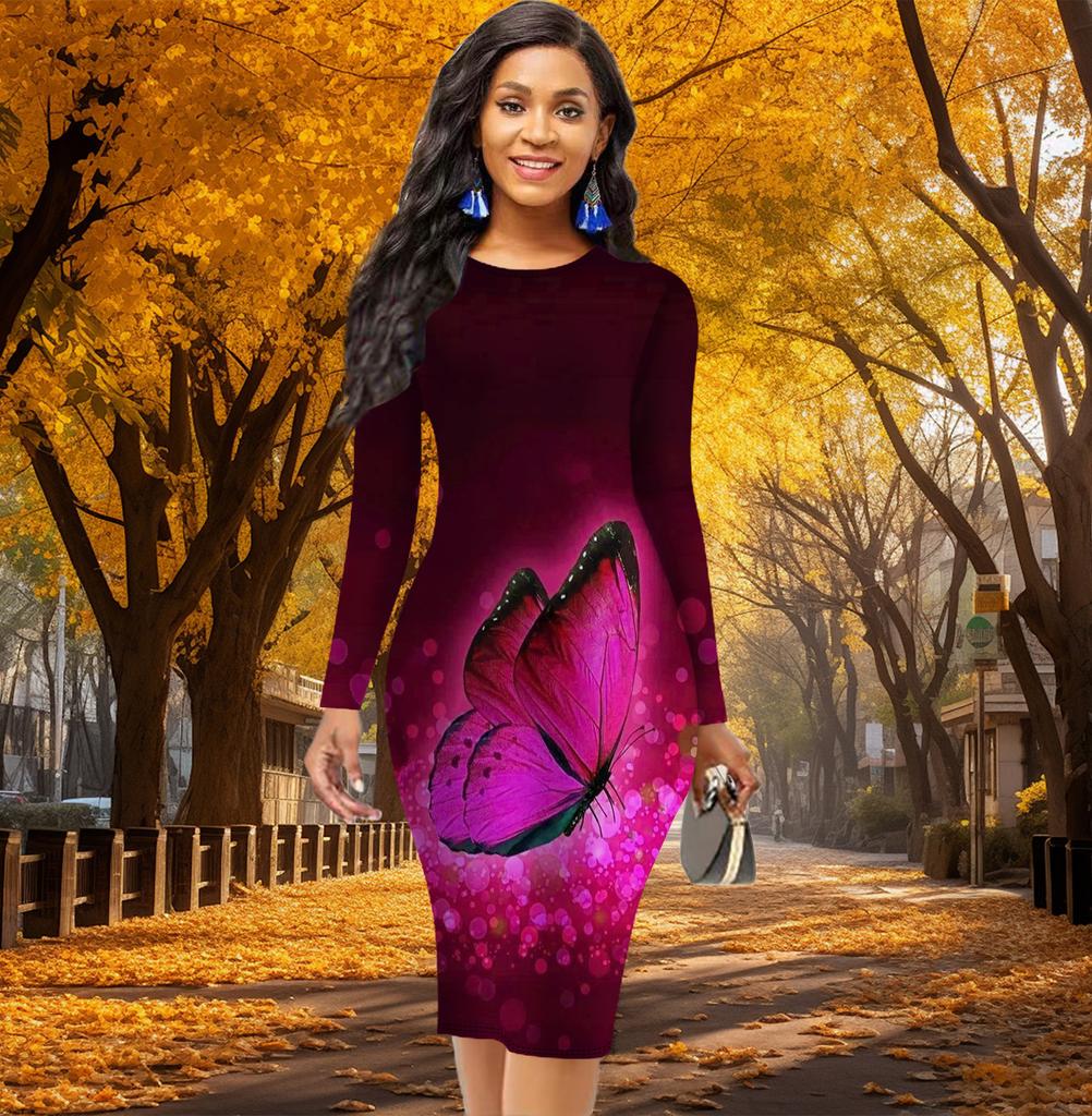 Long Sleeve Waist Tight Office Slim Fit Sparkling Butterfly Printing Elegant Bodycon Dress