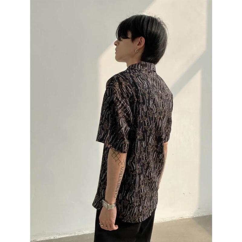 Men's Vintage Botanical Print Short Sleeve Shirt Oversized Camp Collar Blouse Casual Summer Button Down Top
