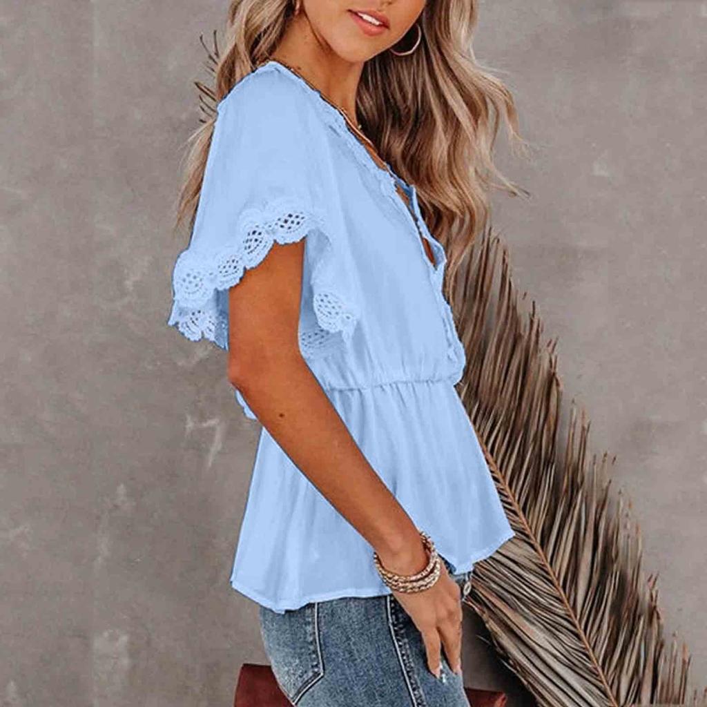 Damen-Shirts mit Spitze, V-Ausschnitt, einfarbig, Rüschensaum, lockere Oberteile mit kurzen Ärmeln