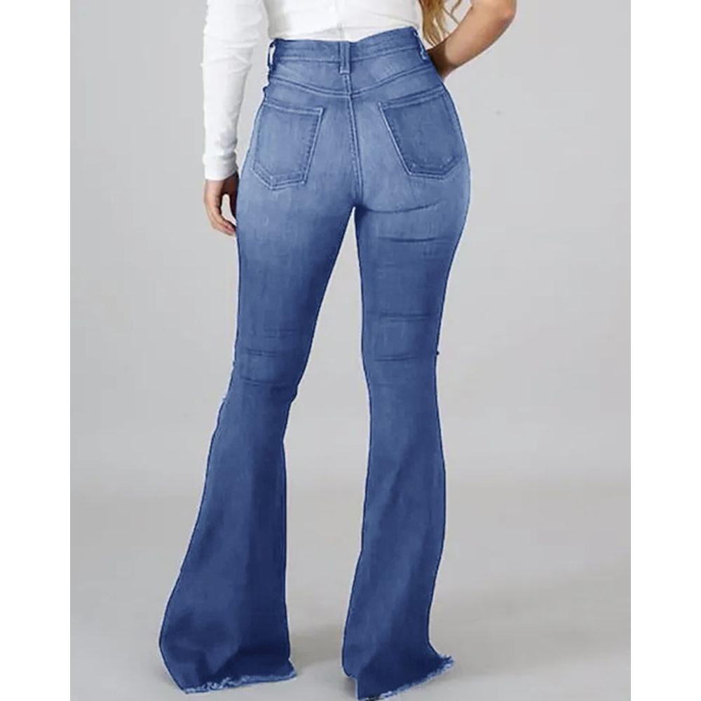 Women Bell Bottom Jeans Elastic Waist Ripped Flared Jean Destroyed Raw Hem Denim Pants