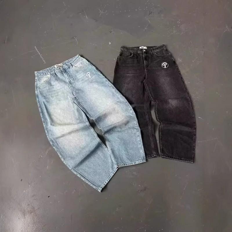 Loose Fit Straight Leg Denim Jeans Men - Washed Blue Black Gray Vintage Harajuku Hip Hop Style Mid Rise