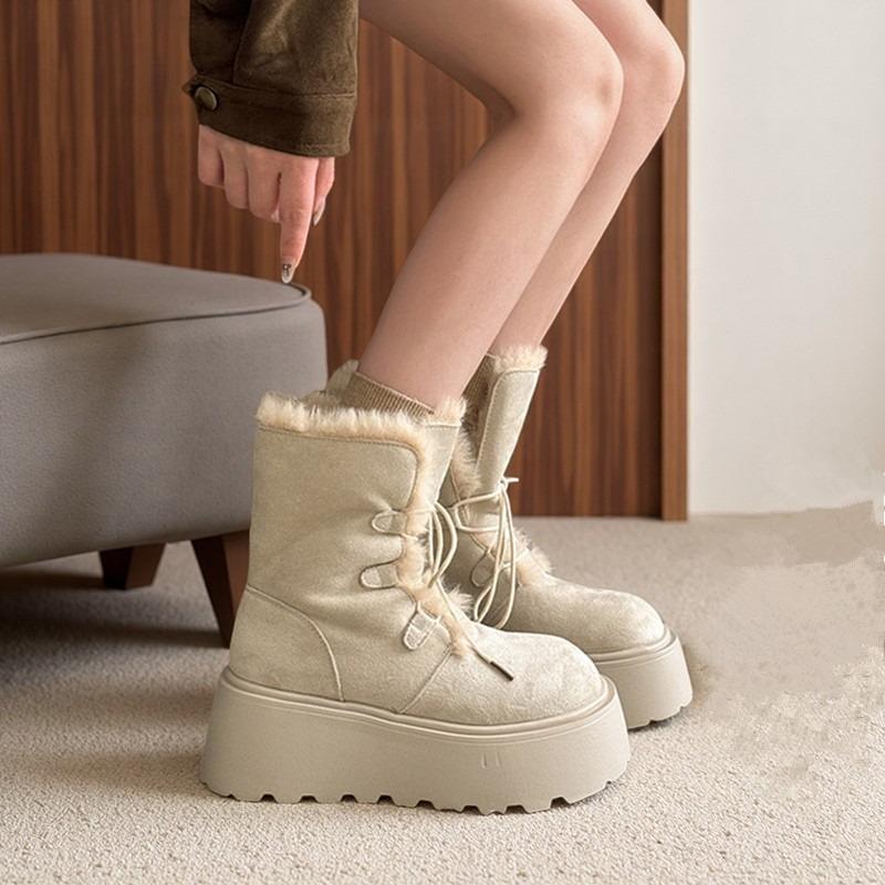Winter Chunky Thick Sole Women Fur Snow Boots Concise Height Increase Shoes Ladies Outdoor Keep Warm Cotton Short Booties