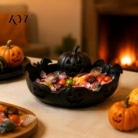 Party Food Display Tray Halloween Pumpkin Tray, Bat Relief Candy Holder, 3D Printed Holiday Gift for Desktop Storage Bowl, Spooky Tabletop Ornament
