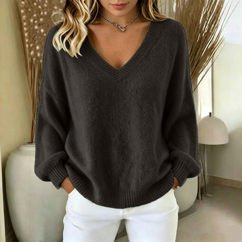 Women's Fashion Color Neck Long Sleeve Loose Fit Pullover Knit Sweater Top