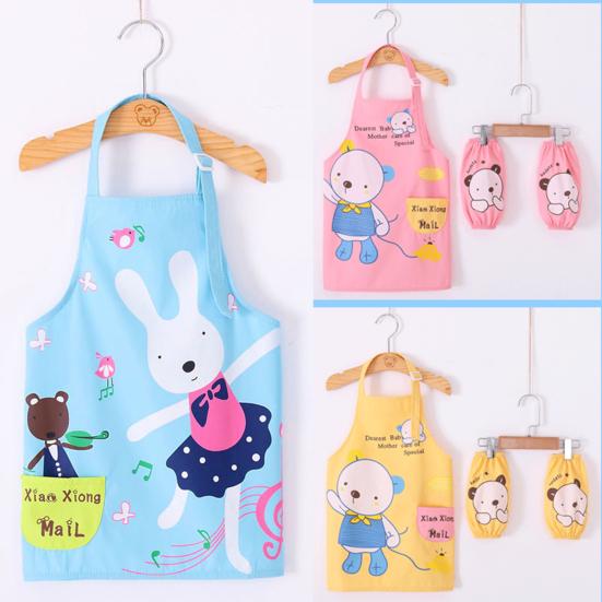 3Pcs/Set Kids Apron Cartoon Animal Print Waterproof Breathable Children Baking Apron with Sleeves for Christmas Gift