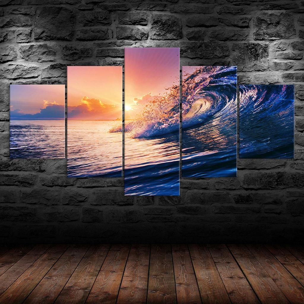 Surf Wave Seascape Beautiful Sunset Scene 5 Piece Five Panel Wall Canvas Print Modern Art Poster Picture Home Decor Gift For Him For Her