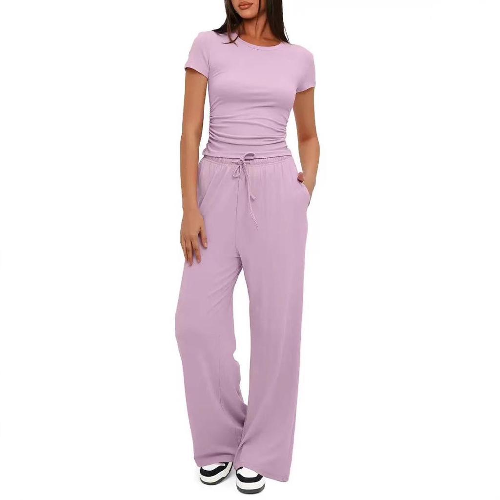 2026 European & American Women's Two-Piece Casual Set: Ruffled Short-Sleeve Top & Wide-Leg Pants