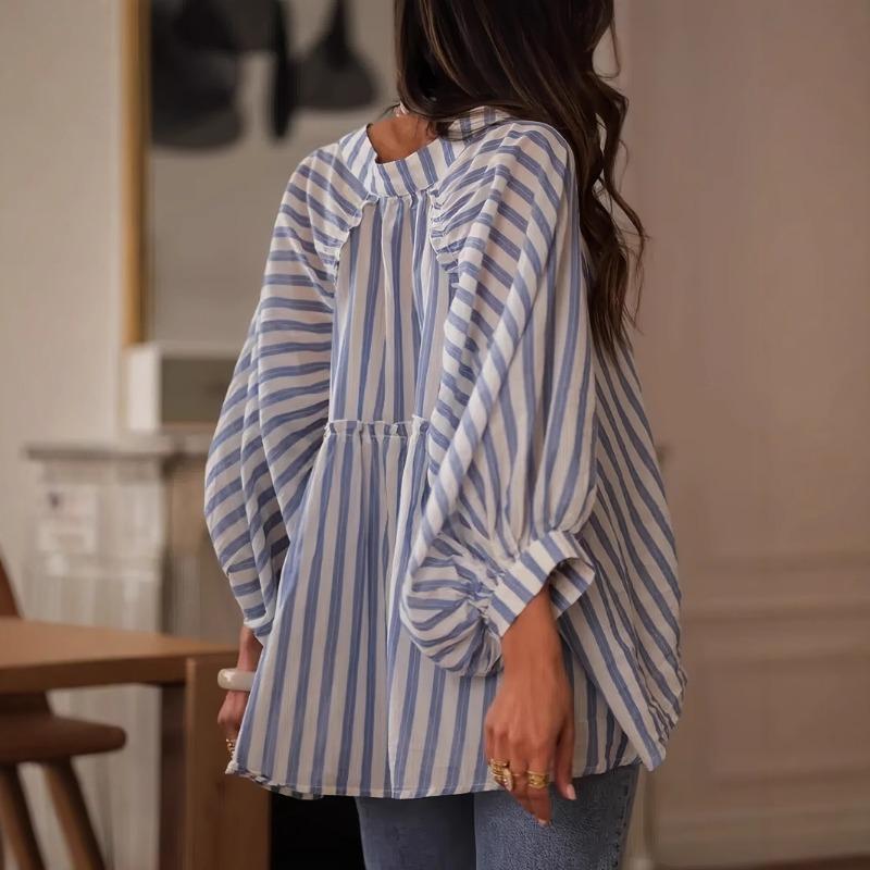 Elegante Blusa de Mujer Rayada Holgada Verano Manga Larga Tops Ajustados Cuello Peter Pan Casual Volantes Oficina Dulce Camisas de Oficina Moda Ropa Básica
