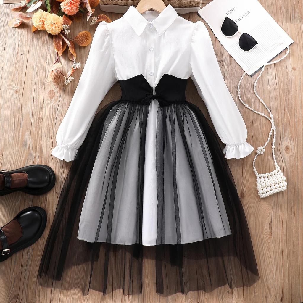 Girls' Long-Sleeve Mesh Patchwork Dress with Waistband and Turn-Down Collar