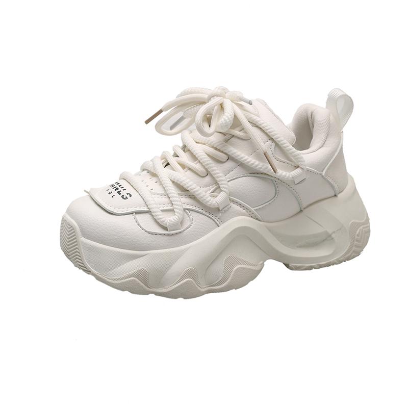 Black Women Chunky Leather Sneakers High Platform Ulzzang Sports Shoes New 2025 Spring Thick Bottom Women's Wedge Casual Shoes