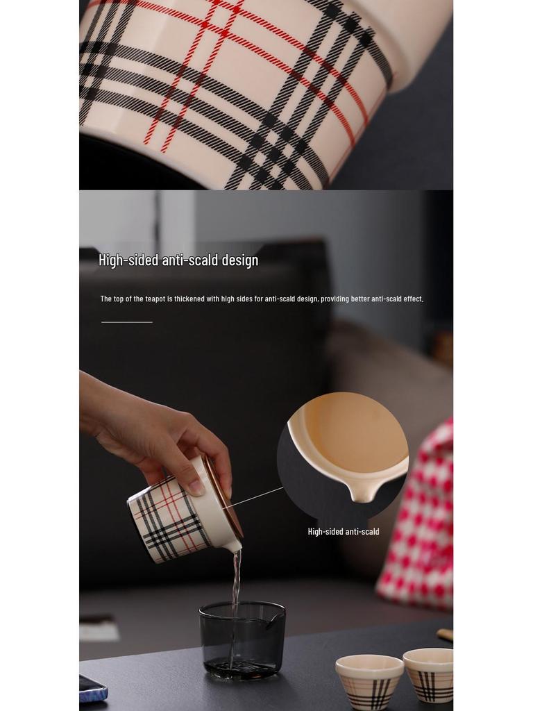 LV Grid Ceramic Travel Kung Fu Tea Set with Portable Bag - One Pot, Three Cups